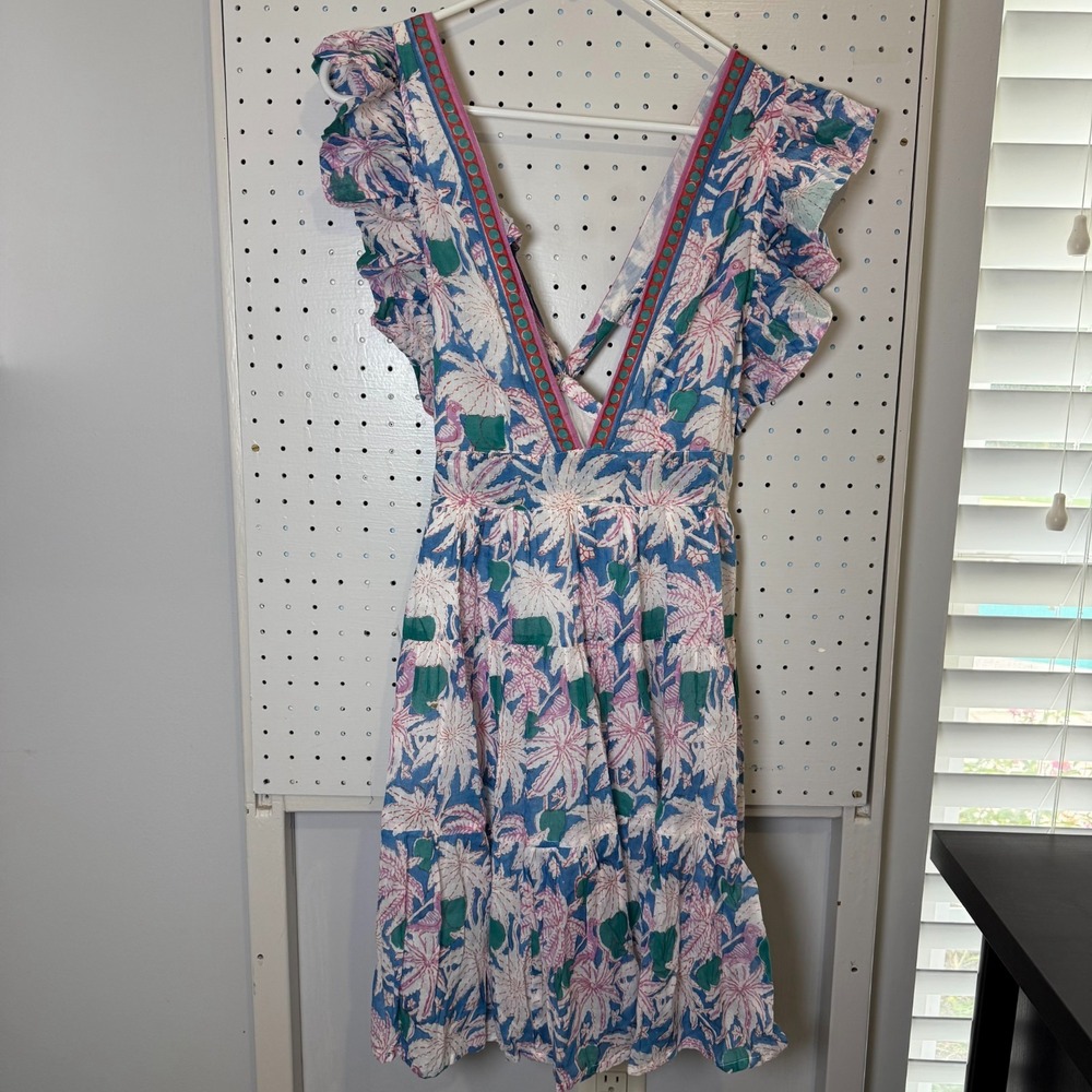 Oliphant Sundress Dress Women's 2XS Blue Palm Leaf Back Strap Ruffle Cap Sleeves